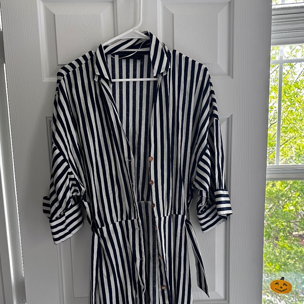 Zara white and blue striped linen long dress